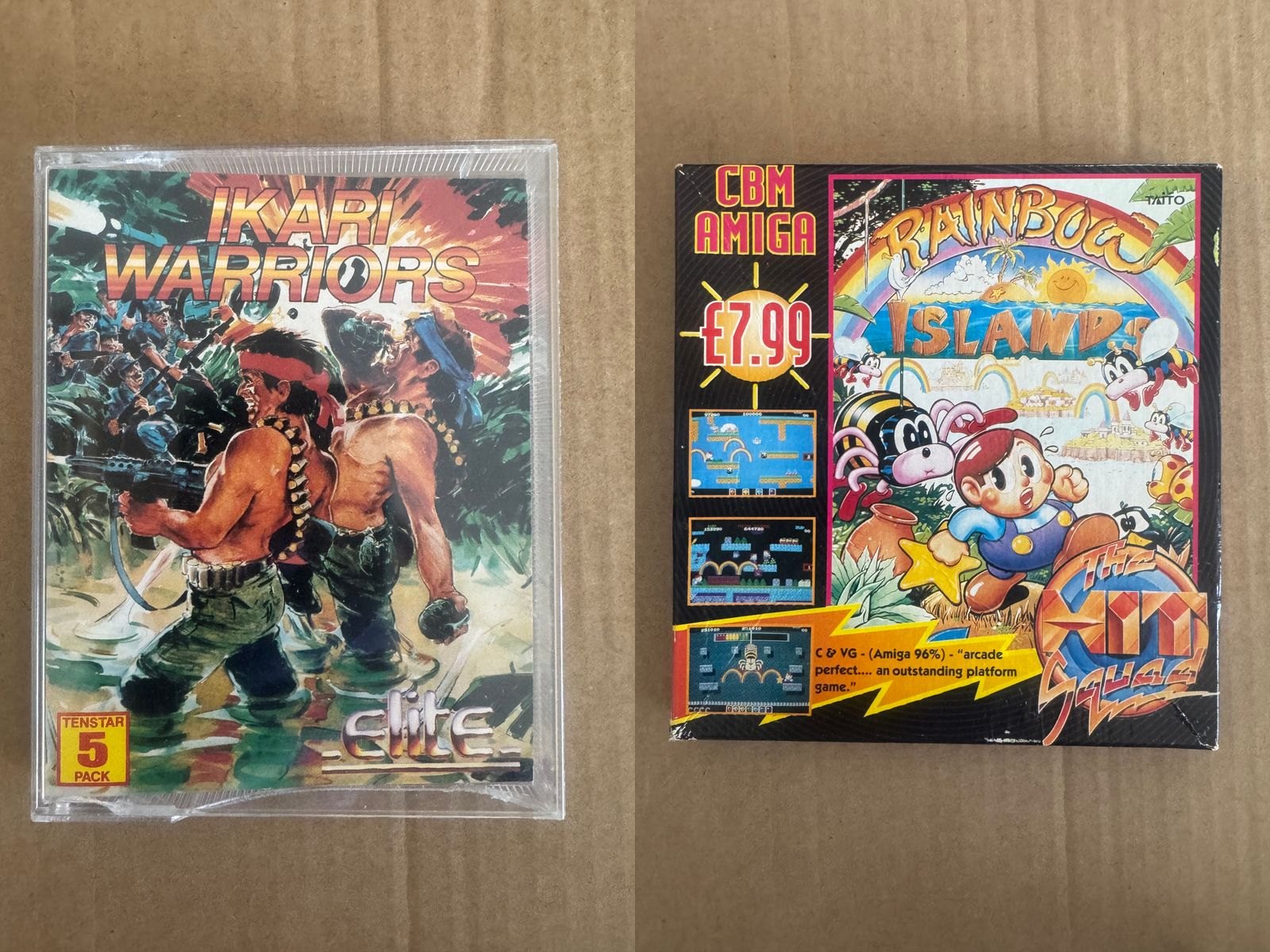 Two boxed vintage games for sale — Ikari Warriors and the Commodore Amiga edition of Rainbow Islands